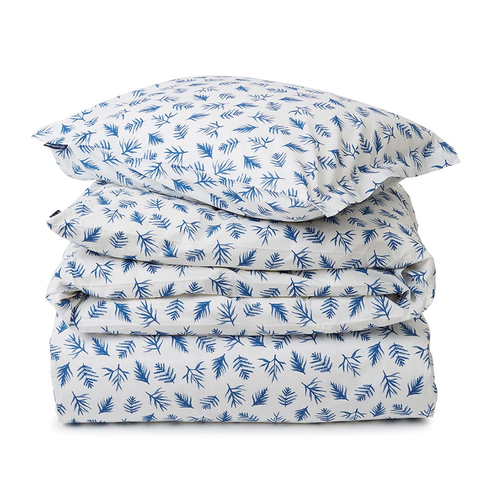 Lexington Blue Printed Leaves Organic Cotton Poplin Påslakanset