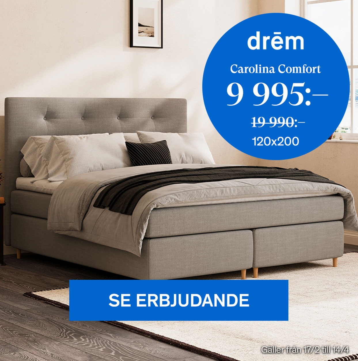 Illustration av en beige säng i sovrum, med texten 'Carolina Comfort 120x200 9995kr'