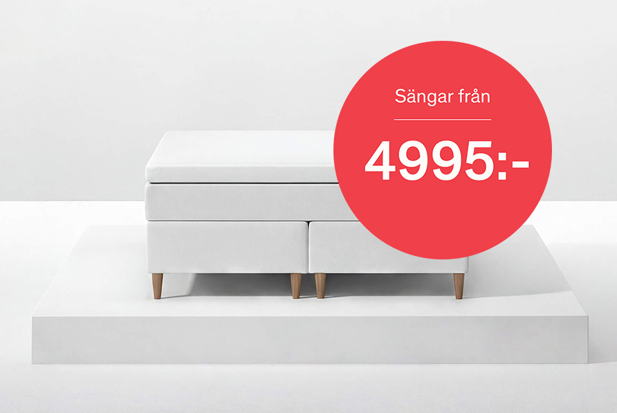 Sova outlet s&auml;ng vit p&aring; vit plat&aring; med erbjudande texten s&auml;ngar fr&aring;n 4995 