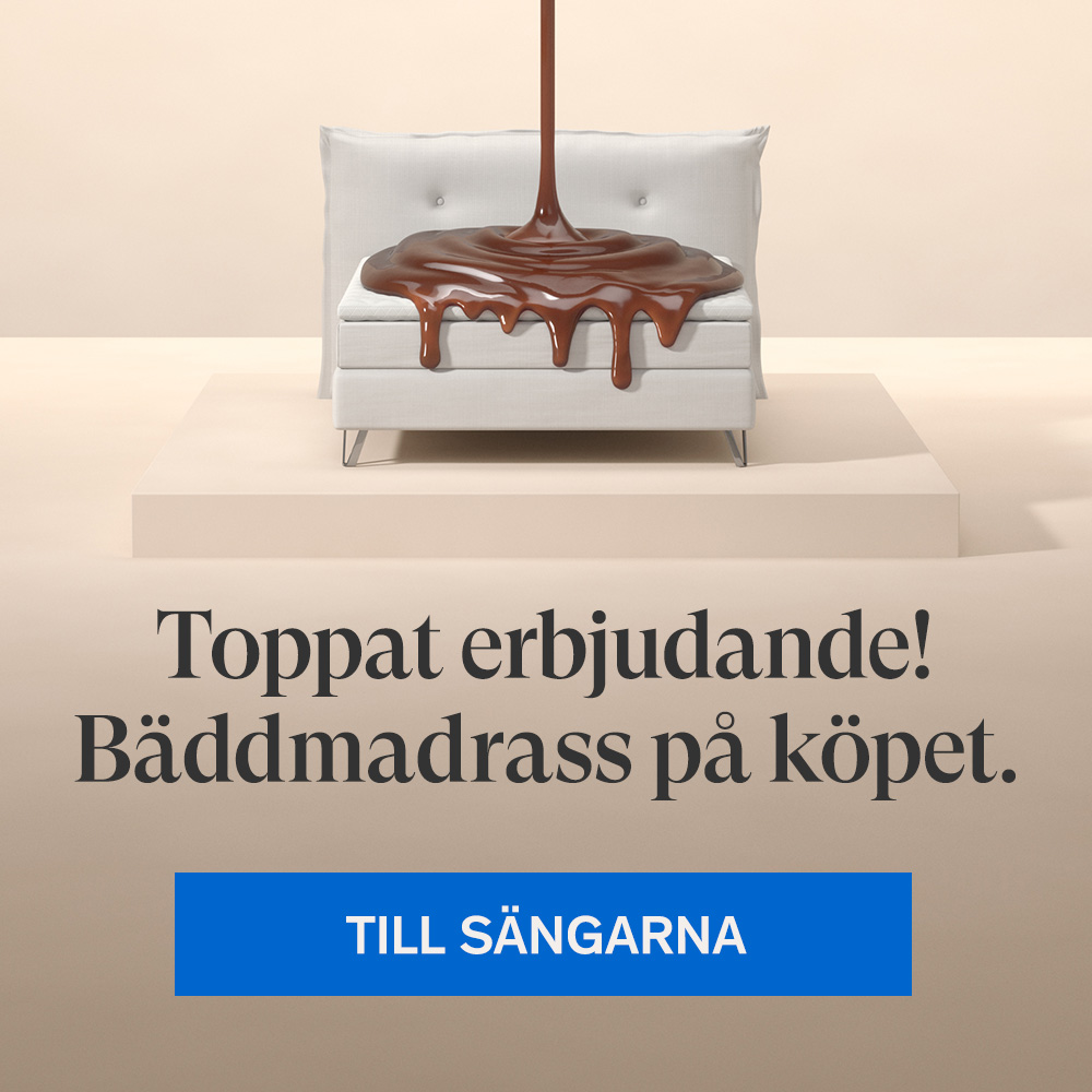Beige kontinentalsäng med topping med texten - Toppar erbjudande! Bäddmadrass på köpet