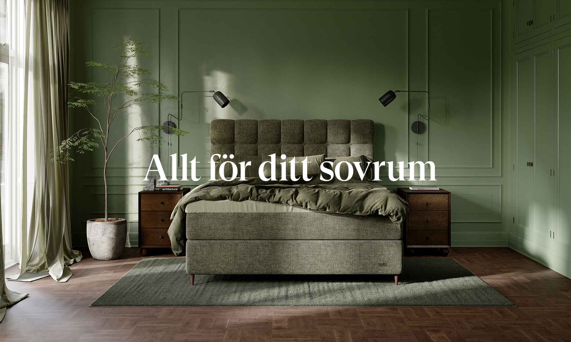 Inrett sovrum i dämpade gröna toner med en grön kontinentalsäng i fokus