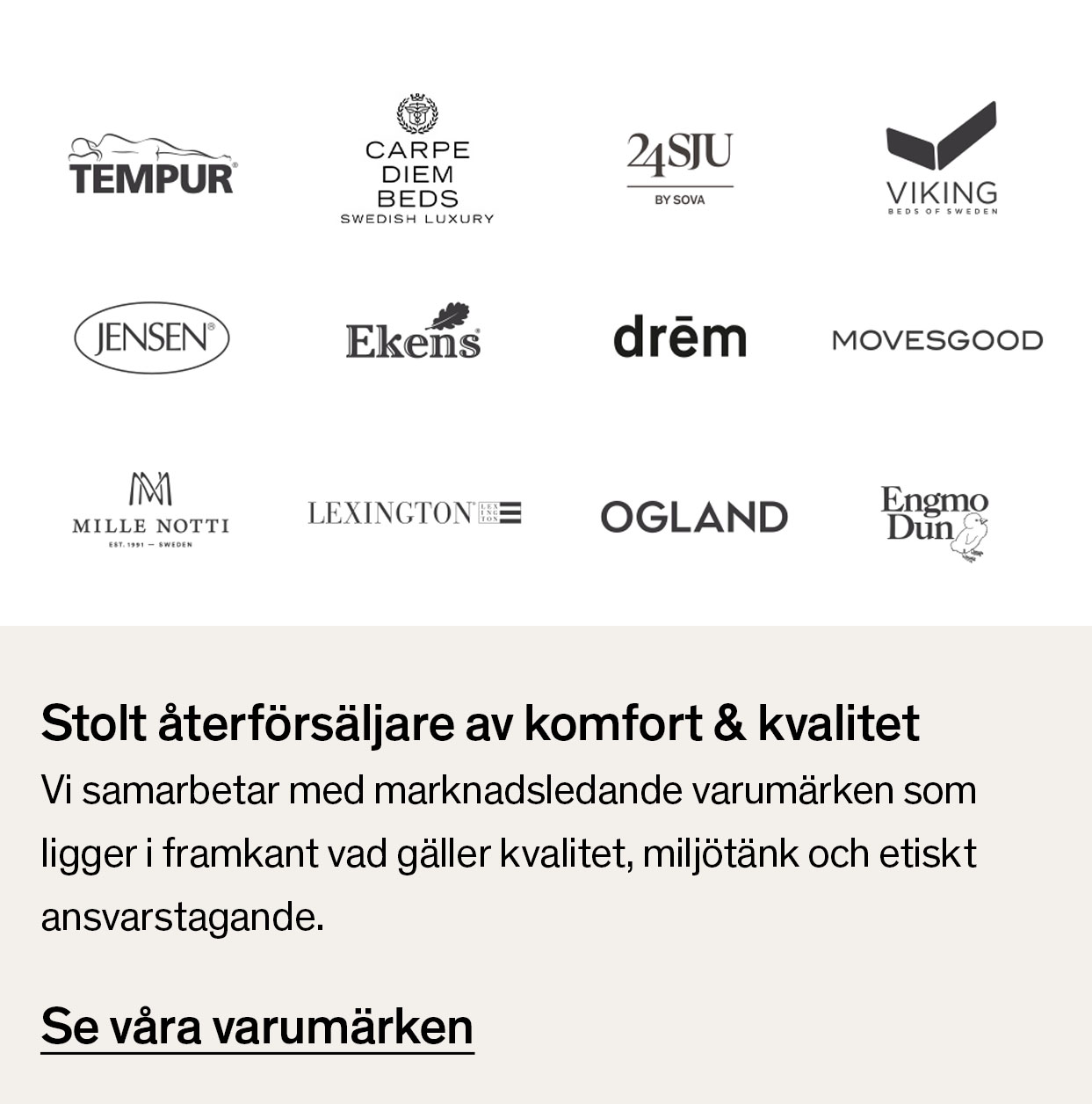 Samling av leverantörer och varumärkeslogotyper för SOVA. Bilden kompletteras med texten ’Stolt återförsäljare av komfort & kvalitet’
